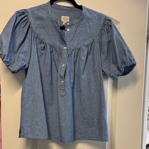 J. Crew Light Blue Chambray Puff Sleeve Button-Front Top